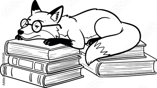 Cute Cartoon Cat Wearing Glasses Resting on Pile of Books in Study or Library