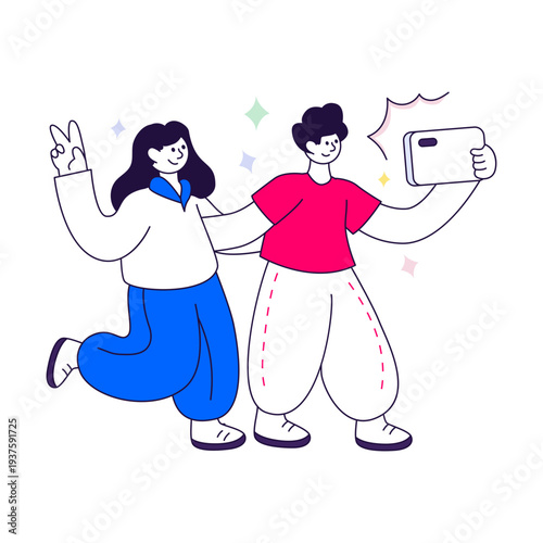 Vector design of couple taking selfie isolated on white background 