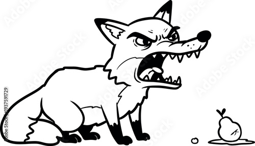 Angry Cartoon Wolf with Sharp Teeth Facing Small Bird in Black and White Drawing