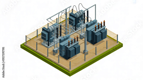 An aerial view of an electrical substation with transformers and power lines surrounded by a fenced perimeter and greenery