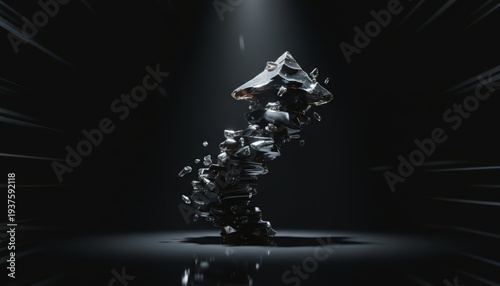 Upward Pointing Arrow Made Of Shattered Glass Pieces In Dramatic Dark Spotlight