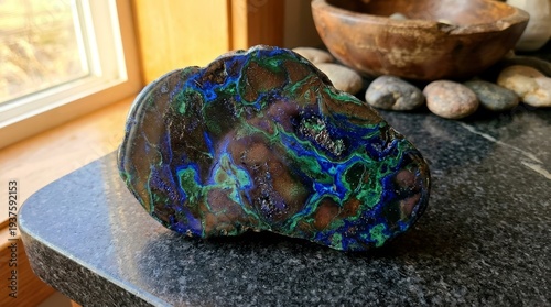 Vibrant Blue And Green Mineral Rock Specimen On Dark Stone Countertop With Natural Light