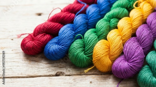Vibrant Colorful Yarn Skeins Arranged Diagonally On Rustic Wood Surface Craft Supplies