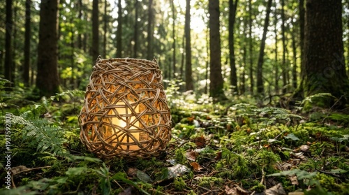 Woven Wicker Lantern With Glowing Light On Mossy Forest Floor In Dappled Sunlight Creating A Peaceful Natural Scene