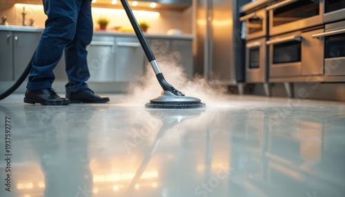 Wallpaper Mural Man cleans kitchen floor with steam cleaner. Appliance emits steam for deep sanitizing. Modern stainless steel kitchen interior. Shiny tile floor reflects light. Torontodigital.ca