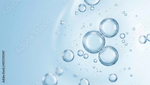Bild auf Leinwand Abstract macro background of transparent cosmetic serum bubbles floating in blue liquid