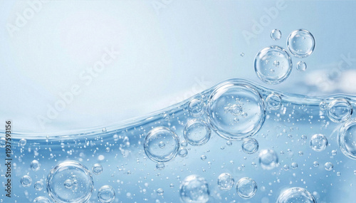 Macro close-up of transparent bubbles in blue cosmetic liquid forming a smooth wave surface. Abstract molecular skincare and hydration concept with clean beauty aesthetic. Minimal scientific backgroun