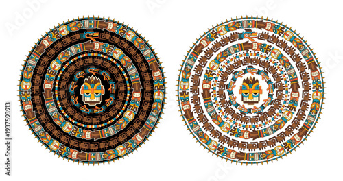 Ancient Mayan Calendar. Abstract design with an ancient Mayan ornament. Images of characters of ancient American Indians.The Aztecs, Mayans, Incas. The Mayan alphabet.