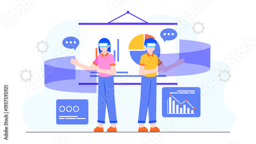 Two professionals wearing VR headsets and interacting with virtual holographic data interfaces