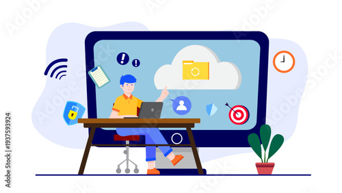 A person working on a laptop in front of a giant monitor showing cloud storage and security icons