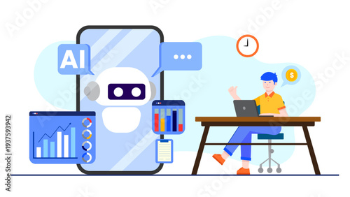 A man working alongside a large smartphone featuring an AI chatbot and data analytics screens