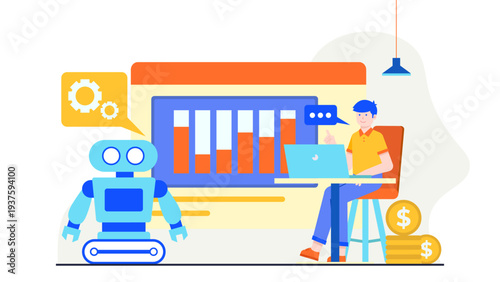 A professional working on a laptop next to an industrial robot and data dashboard