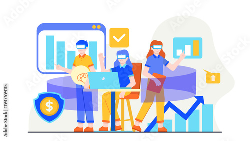 A team wearing virtual reality headsets working together in a digital immersive environment