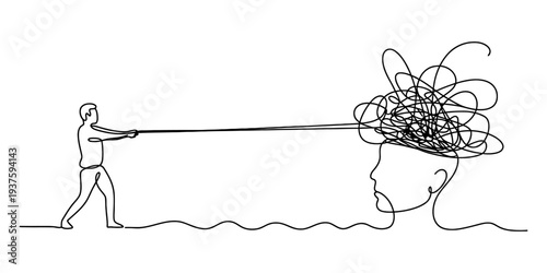 Man pulling tangled line out of woman's head, symbolizing mental clarity