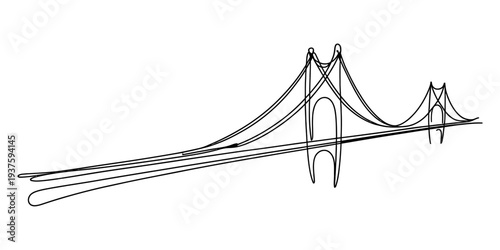 Cable-stayed bridge line art, modern architecture illustration, engineering design, infrastructure concept