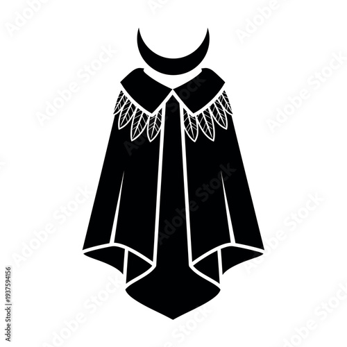 Black and white illustration of a cape with a crescent moon collar.