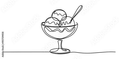 Delicious ice cream sundae with spoon in glass bowl line art