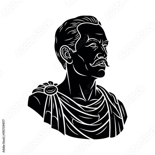 Black and white illustration of a man with a mustache in a toga.