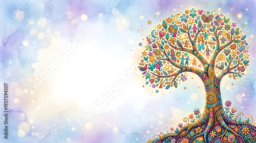 Concept World Autism Awareness Day, colorful tree of life with puzzle pieces and diverse symbols on pastel watercolor background with copy space