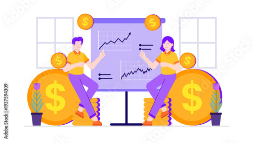 Accounting team discussing tax regulations and financial audits while surrounded by large currency symbols