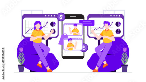 Marketing experts analyzing social media traffic and digital sales performance on mobile and desktop screens