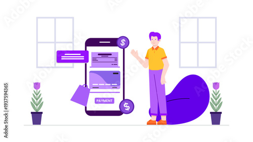 Illustration of man standing next to giant smartphone for digital payment and mobile wallet transaction