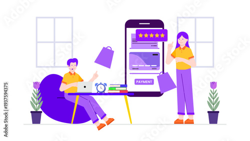 Customer giving five star rating and feedback for online service via mobile application