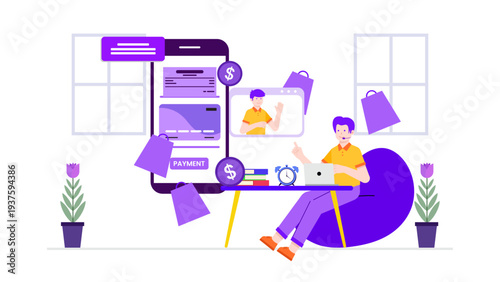 Professional man working on laptop managing online orders with customer support video call interface