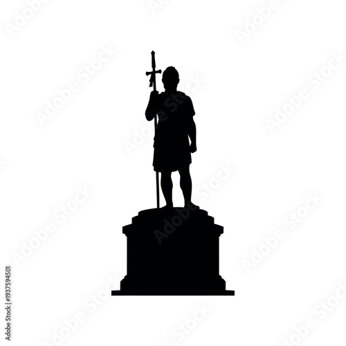 Silhouette of a historical statue of a man holding a cross on a pedestal.