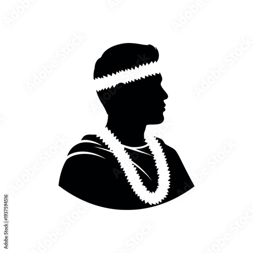 Silhouette of a man wearing a traditional Hawaiian lei and headband.