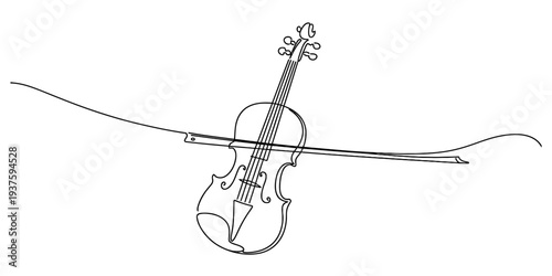 Violin with bow isolated on white background, musical instrument sketch