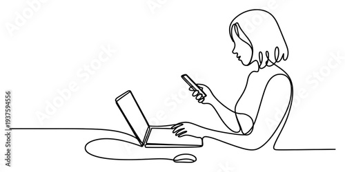 Woman using laptop and smartphone, sitting at desk, working online
