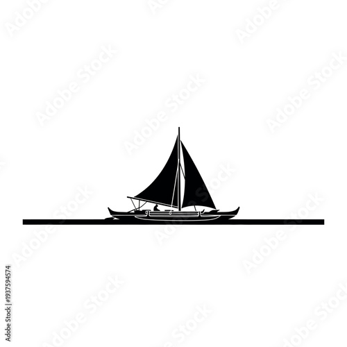 Traditional Polynesian Outrigger Canoe Sailing on Water.