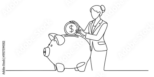 Businesswoman putting money into piggy bank, saving concept, finance illustration
