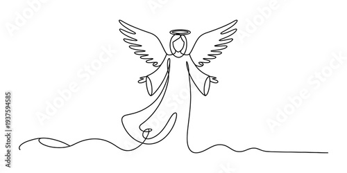 Angel illustration, one line drawing of angel with wings and halo, mystical