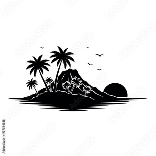 Tropical Island Silhouette with Palm Trees and Sunset.