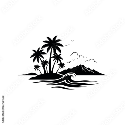 Tropical Island Paradise Silhouette with Palm Trees and Ocean Waves.