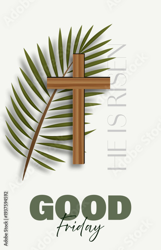 Minimal Good Friday Christian Background with Wooden Cross and Palm Leaves Illustration