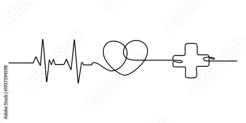 Heartbeat line art with heart and medical cross symbol