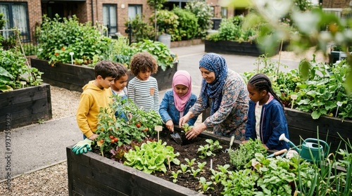 A diverse group of children and a woman gardening together in a vibrant community garden on a sunny day.