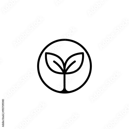 Minimalist black and white logo of a sprouting plant inside a circle.
