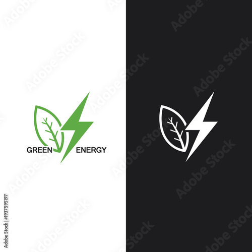 Green Energy Symbol with Leaf and Lightning Bolt.
