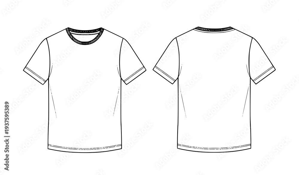 Naklejka premium Black short sleeve T shirt technical flat sketch vector with front and back view apparel design template isolated on white background
