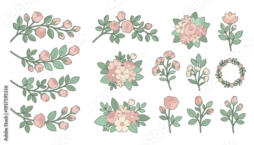 Delicate botanical illustration set of various floral arrangements and single stems in pastel colors