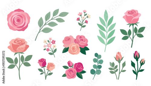 Delicate assortment of hand-drawn pink rose illustrations, vibrant green leaves, and charming floral elements perfect for decorative designs