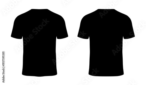 Blank black t shirt 3D vector mockup with front and back views apparel template isolated on white background