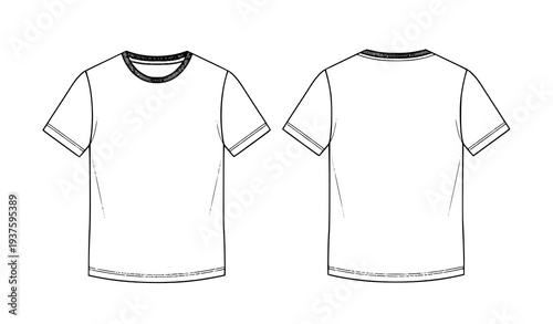 Black short sleeve T shirt technical flat sketch vector with front and back view apparel design template isolated on white background