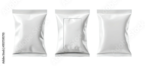 Three white sealed packaging pouches with glossy finish isolated on a black background