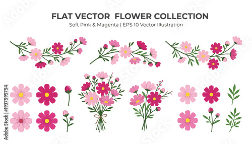 Versatile flat vector floral collection showcasing charming pink and magenta cosmos blooms, perfect for diverse design projects and decorative elements