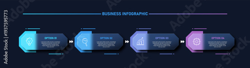 Modern business infographic template with four step process layout featuring option sections, icons and blue to purple gradient elements on dark background.
